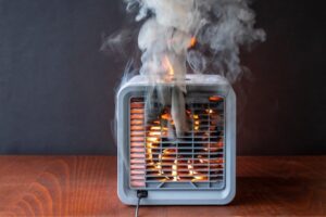 Defective desk desk fan catching on fire