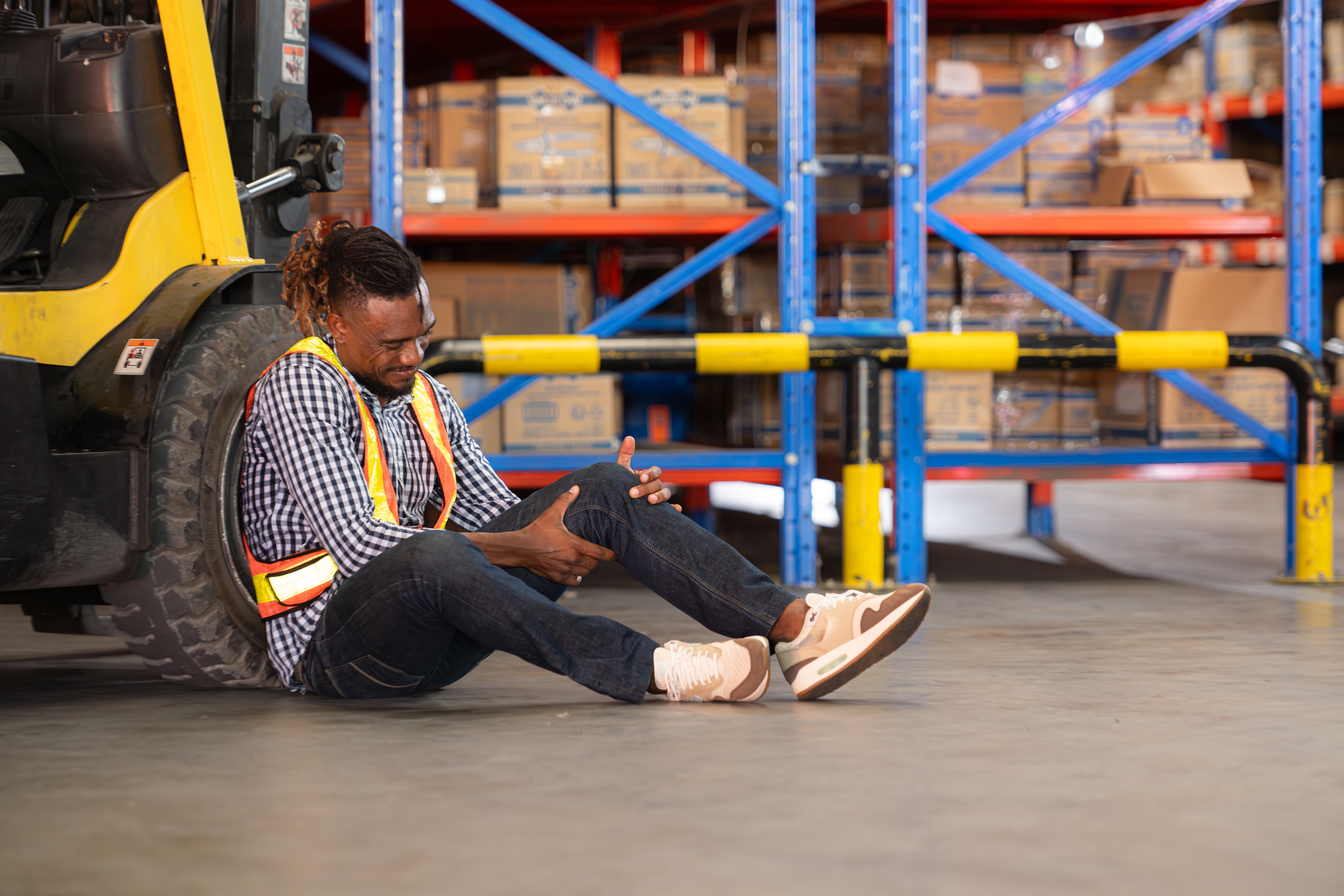 Warehouse worker on the ground clasping his knee after a fall